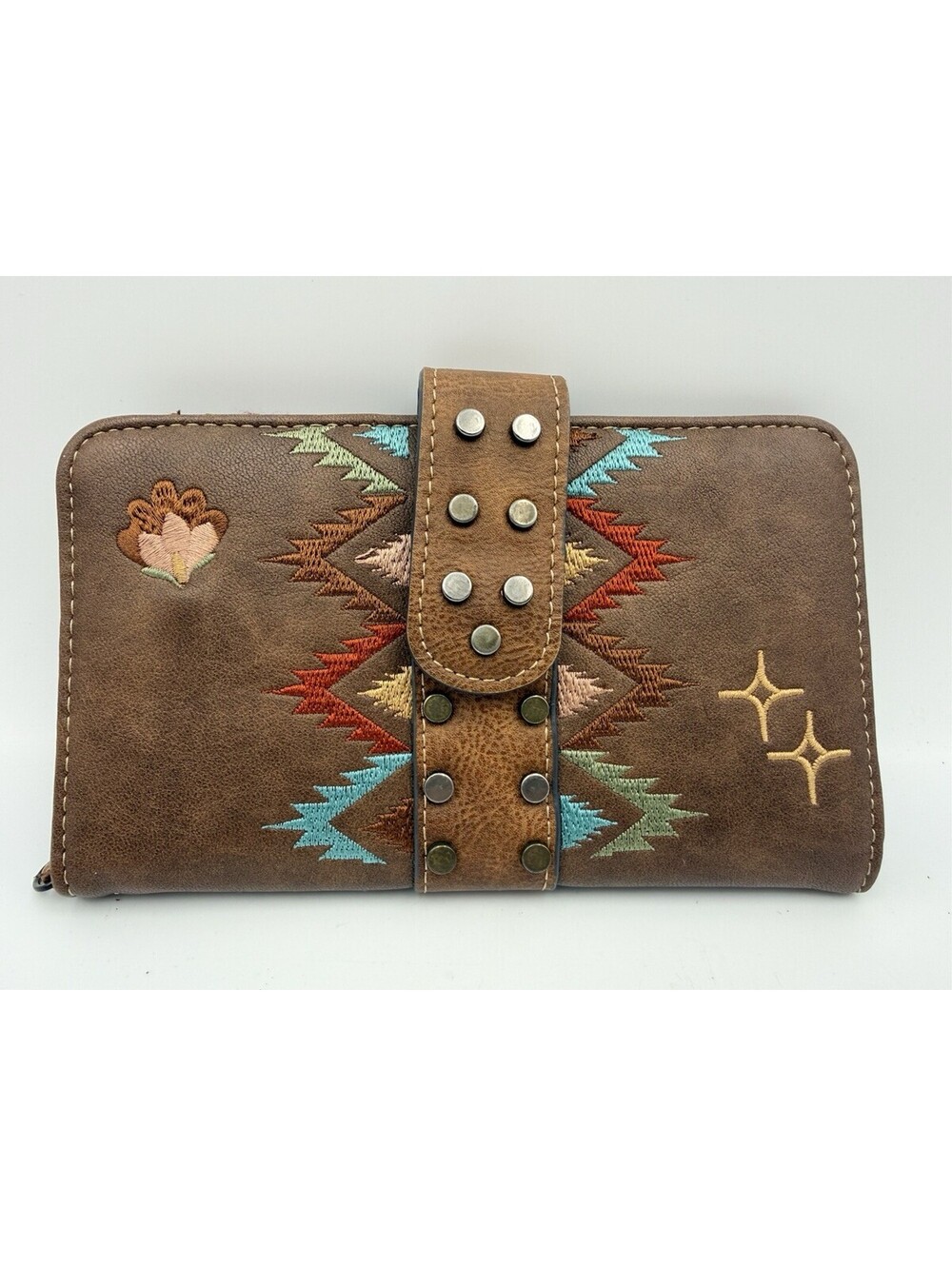 Catchfly Studio Brown Vegan Leather Wallet With Boho Design & Studs NWOT